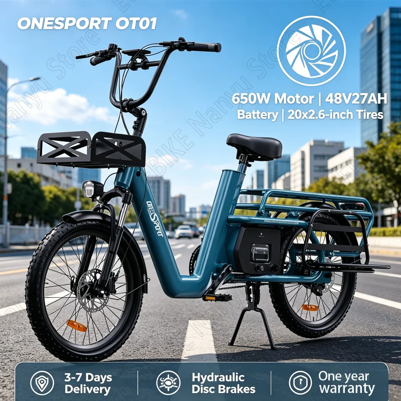 ONESPORT OT01 Elektrofahrrad, 650 W, leistungsstarker Motor, 48 V, 27 Ah, Lithiumbatterie, für Erwachsene, Reiten, Elektrofahrrad, 20-Zoll-Reifen, Fracht-E-Bike Image