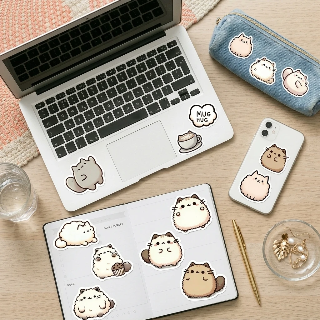 Katzen-Kaffee-Aufkleber, wasserfest, PVC, niedliche Laptop-Dekoration, lebendige Farben, leicht abziehbar, für Studenten und Büro, 50 Stück Image