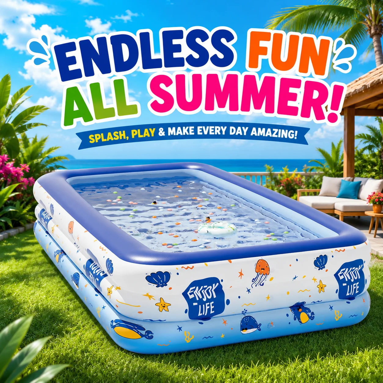 1 Stück Familien-Schwimmbecken mit Muster, Blau, Großes Aufblasbares PVC-Becken, Baby-Schwimmbecken für Drinnen und Draußen, Kleinkind-Badewanne