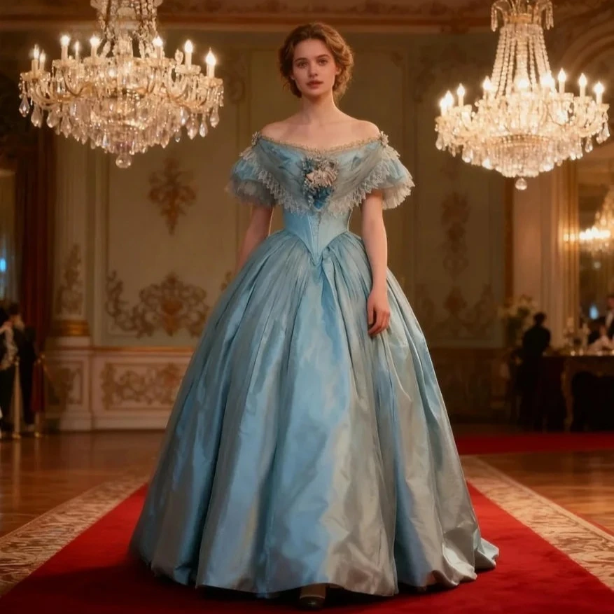 Hochwertiges, elegantes Ballkleid mit kurzen Ärmeln, Prinzessin-Abendkleider, mittelalterliches Korsett, 1860er-Jahre-Belle-Kostüm aus dem Bürgerkrieg, individuell gestaltet