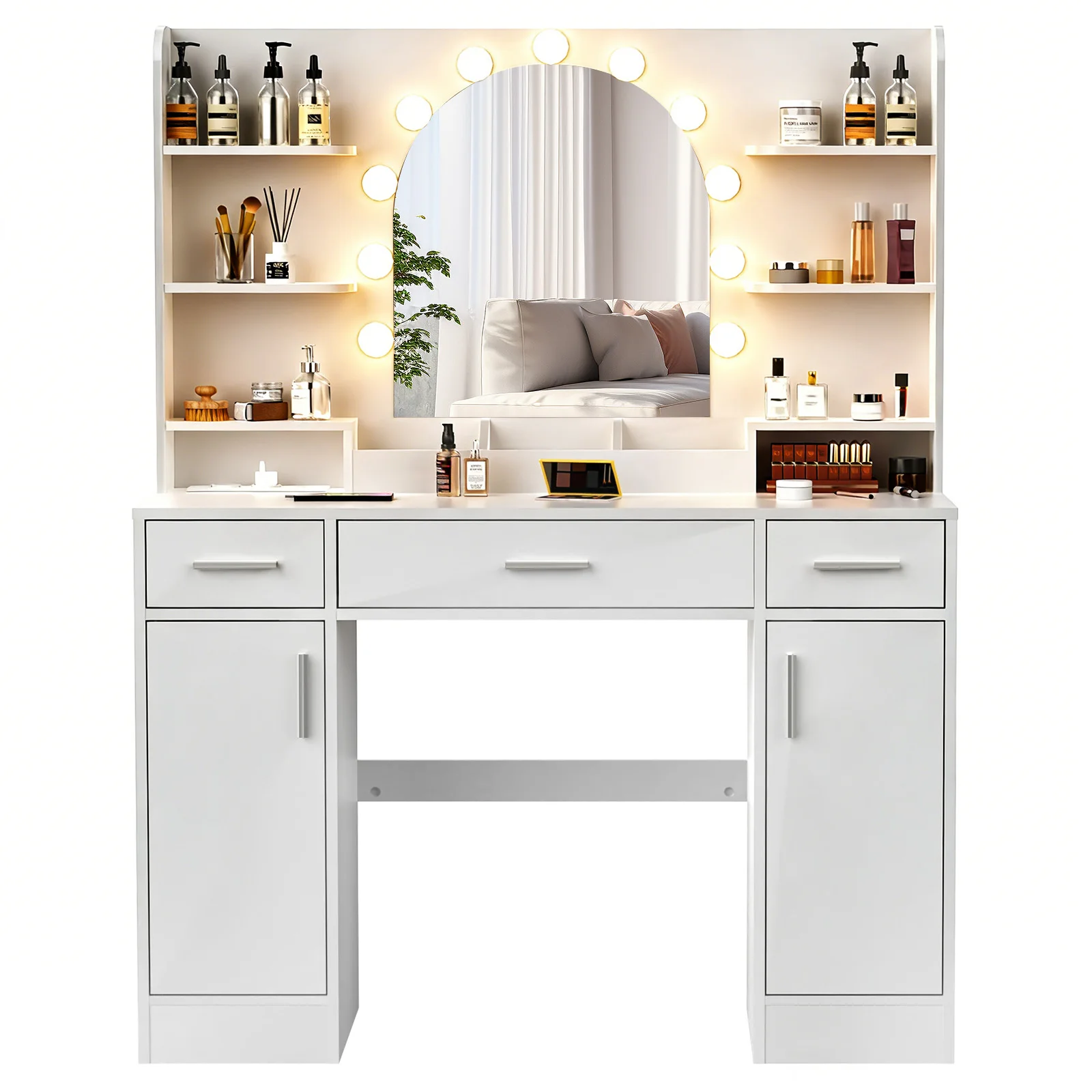 Ein Schminktisch mit LED-Beleuchtung, ein Frisiertisch mit Spiegel und ein Schminktisch mit 3 Schubladen und 2 Seitenschränken.