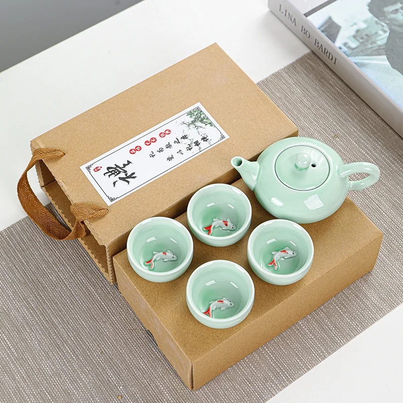 Chinese Celadon Fish Tea Set, Simple Household Tea Kit, Portable Kung Fu Tea Set, Premium Gift Box Packaging for Home Use