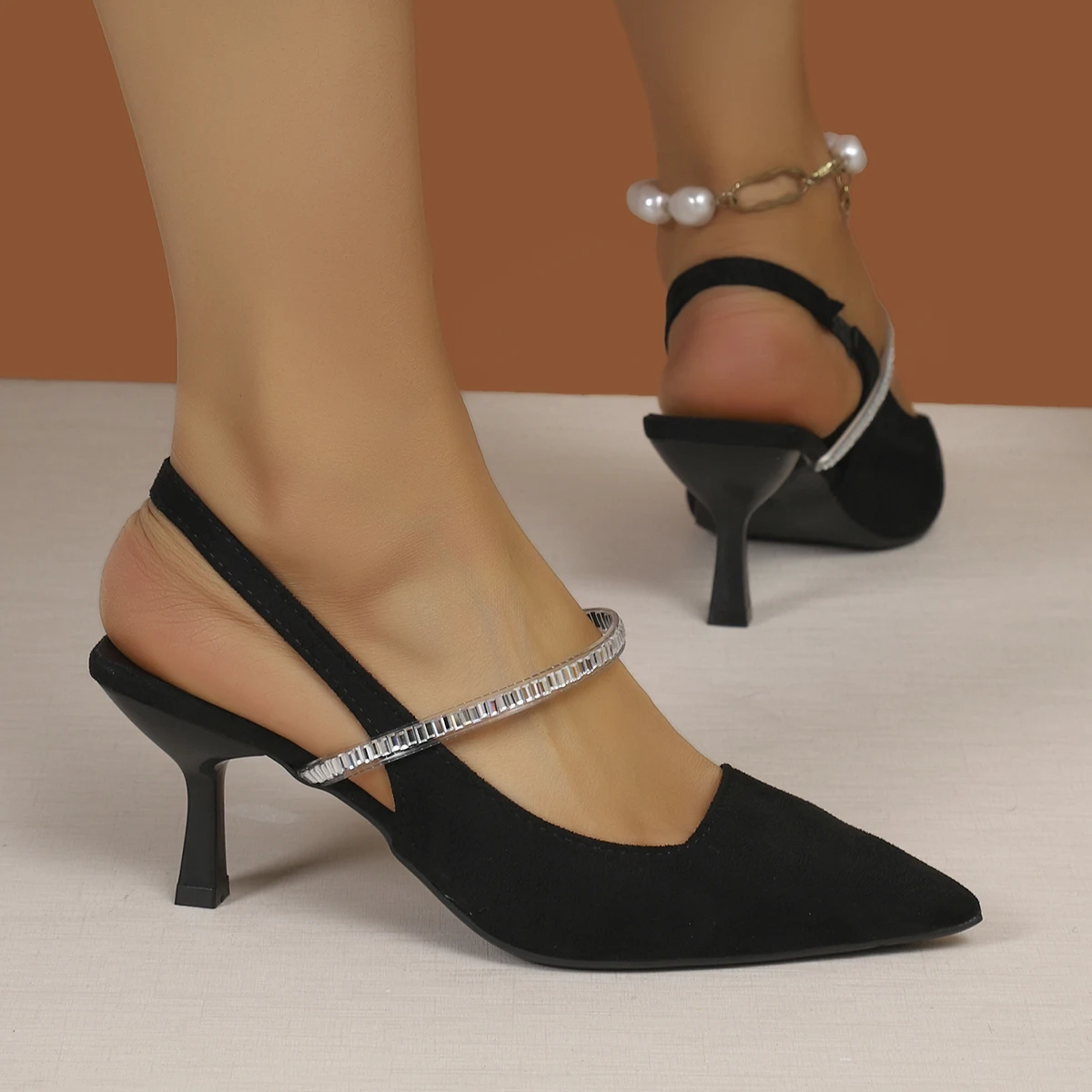 Women Satin Pointed-Toe Slingback Stiletto Heels Sandals Crystal Strap Detail Elegant Design Classic Ladies Dress Office Shoes