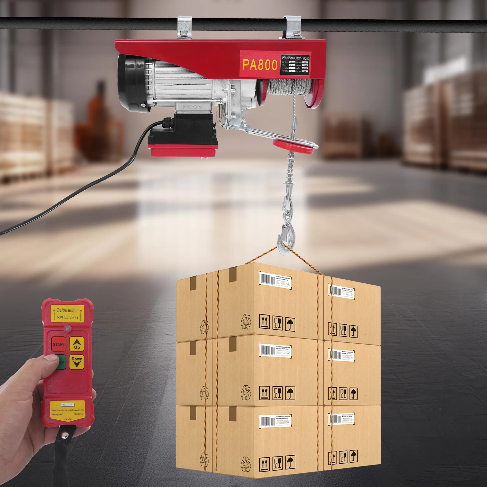 Elektrischer Hebezug 800kg, Kabellose Fernbedienung Elektrischer Hebezug, Roter Drahtseilzug mit 12m/39,37ft Stahlseillänge Image