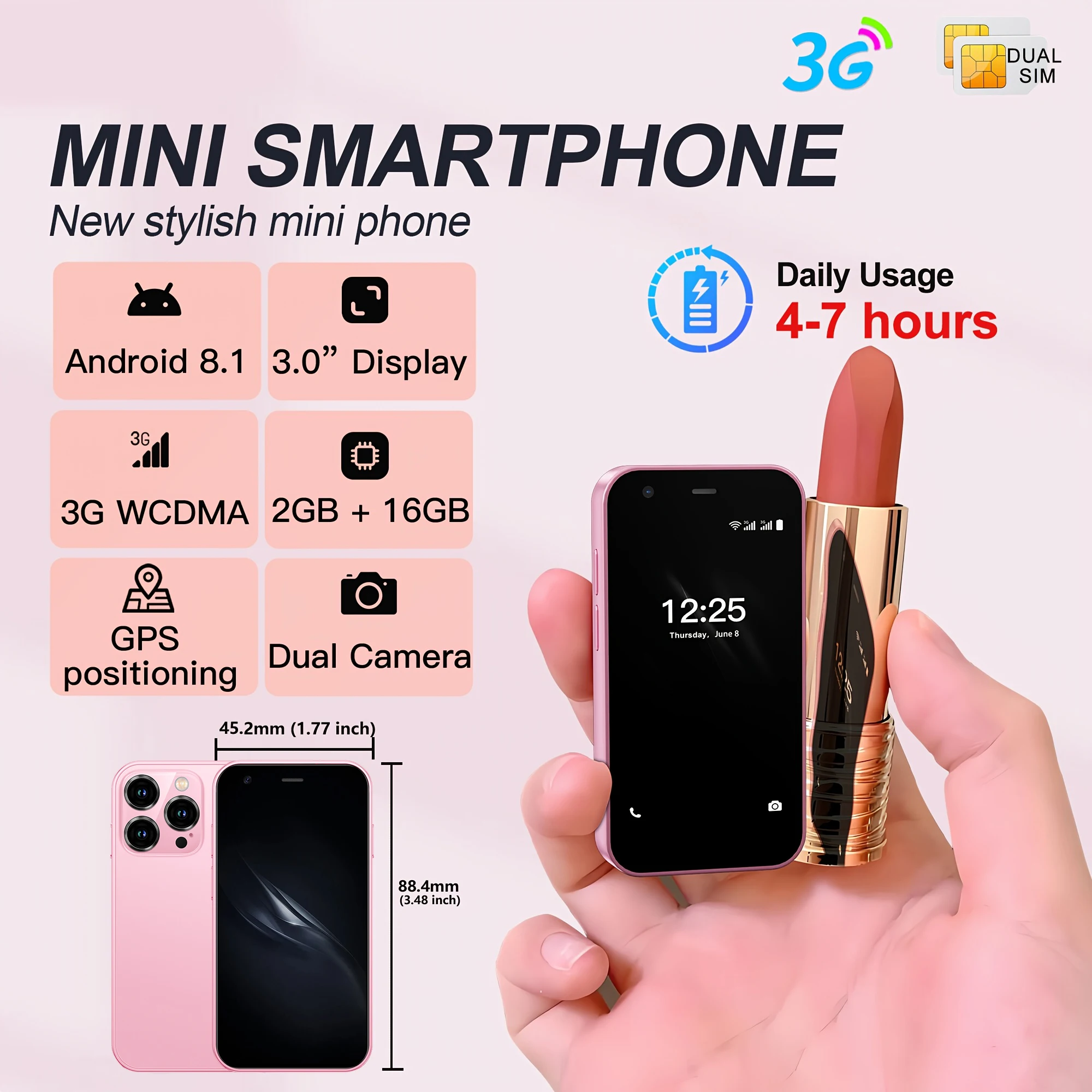 Mini Smartphone, 3.0-inch Display, 2GB+16GB, WLAN-GPS, Play Store, Android Smartphone, Dual-SIM Dual-Standby