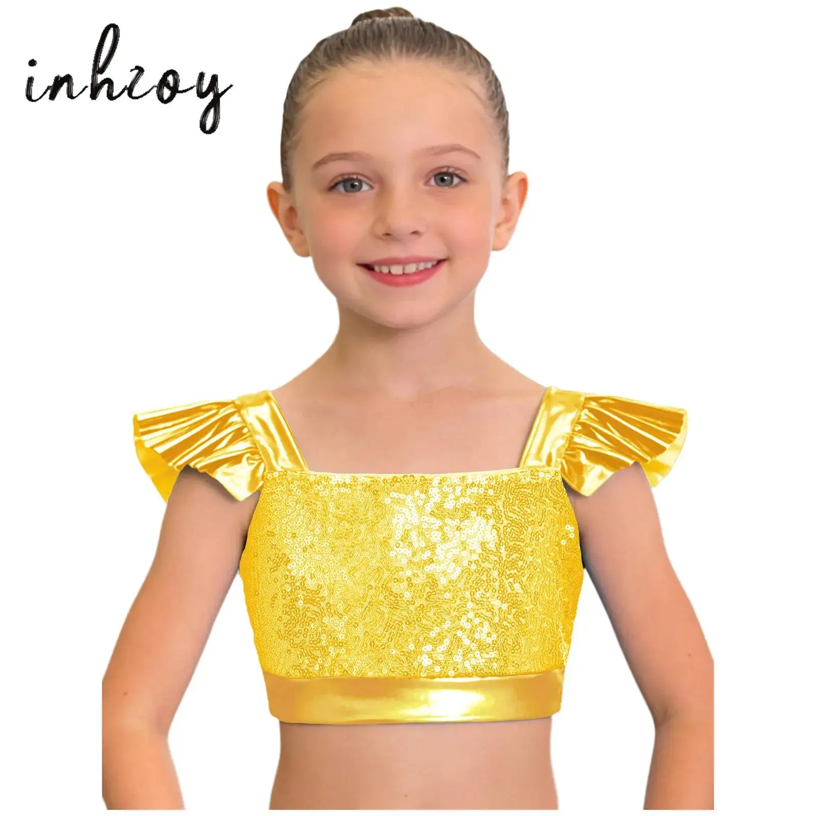 Hip-Hop-Crop-Tops für große Mädchen mit glitzernden Pailletten und gestuften Rüschen, Jazz-Street-Dance-Unterhemd für Bühnenauftritte, Kleidung, Kostüm