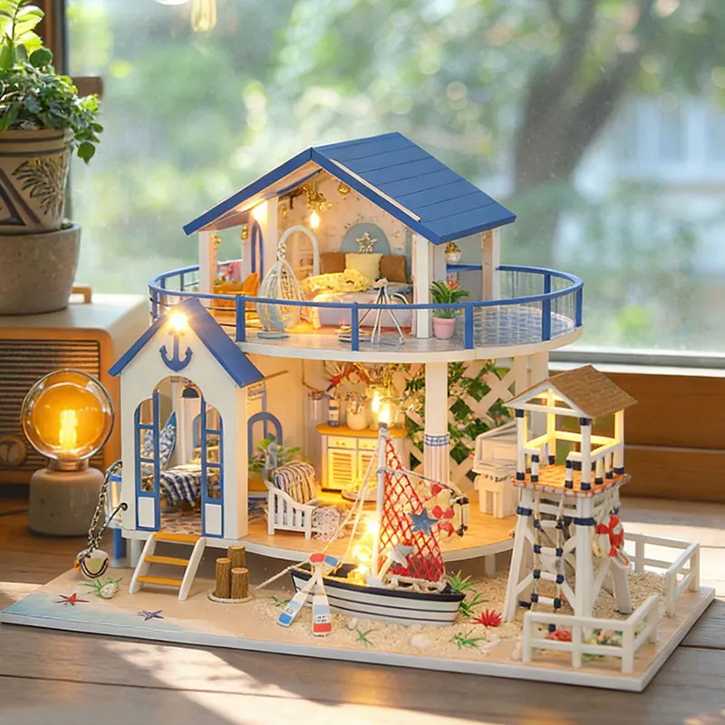 Zuuton DIY Miniatur Haus Set Zweistöckiges Strandhaus Holz Selbstmontage Puppenhaus Mit LED Lichter Meeres Villa Modell Handgemachtes Geschenk Für Erwachsene Image