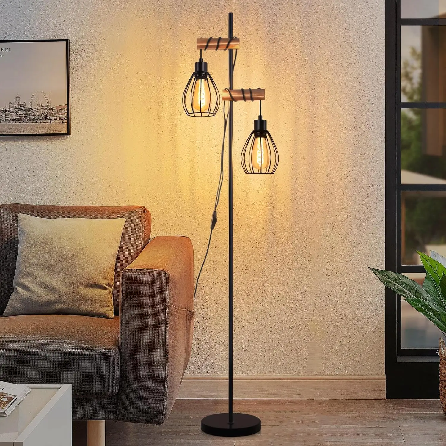 Stehlampe Wohnzimmer Vintage Stehleuchte Schwarz: Holz Standleuchte Metall Industrial E27 Standlampe 2 flammig mit Käfig Lampenschirm Retro Bettlampe für Schlafzimmer 152CM (ohne Leuchtmittel)