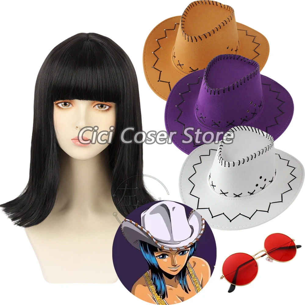 Anime Nico Robin Cosplay Perücke, schwarzes Haar mit Pony, Cowboyhut für Männer und Frauen, Halloween, Karneval, Party, Rollenspiel-Zubehör
