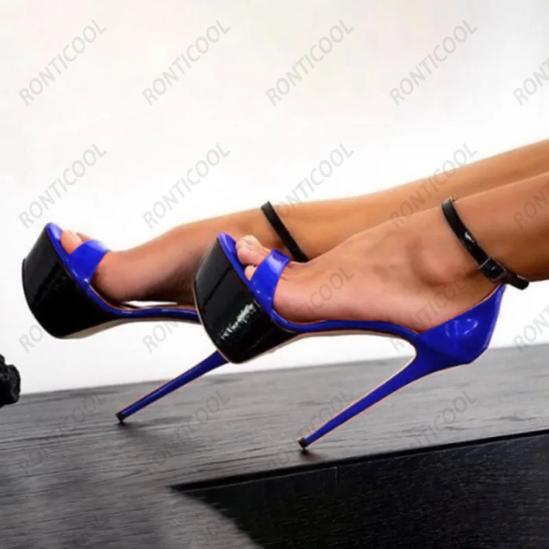 Ronticool handgefertigte Damen-Sandalen aus Lackleder, Knöchelriemen, sexy Stiletto-Absätze, offene Zehen, hübsche rote Partyschuhe, US-Größe 5–20