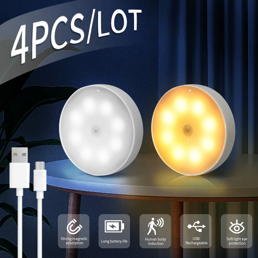 4 stücke USB Aufladbare Motion Sensor LED Nachtlicht Wand Dekoration Schlafzimmer Nacht Lampe Küche Schrank Lichter Kind Nachtlicht