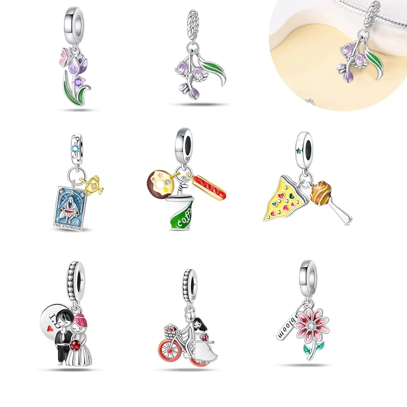 Versilberter Tulpen-Statement-Charm mit schimmerndem Emaille- und Zirkonia-Verzierung, hypoallergenes, trendiges Armband, Geschenk Image