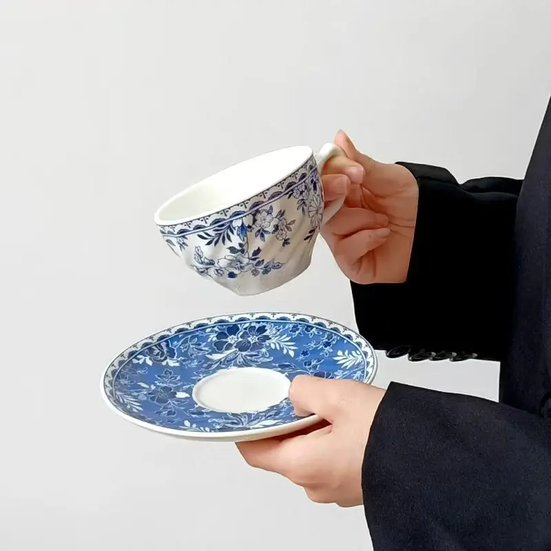 Retro Blue and White Ceramic Cup and Saucer Chinese Style Underglaze Light Luxury Home Afternoon Tea Drinkware Household Goods