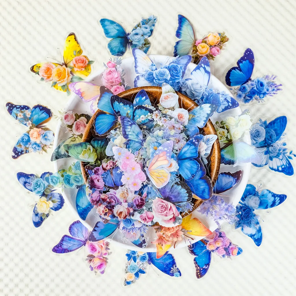 56 Stück neue Version, blaue Schmetterlingsblume, transparente PET-Aufkleber – künstlerische Landschaften – erstellen von BulingBulingStickers Store Image