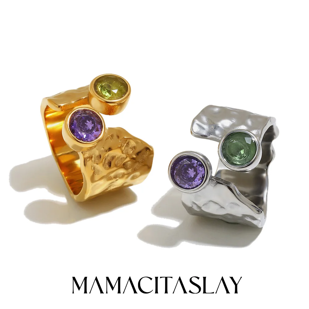 MamacitaSlay 316L Edelstahlring mit gehämmerter Textur und Zirkonia, 18K vergoldet, wasserdicht, für Damen, Alltagsschmuck Image