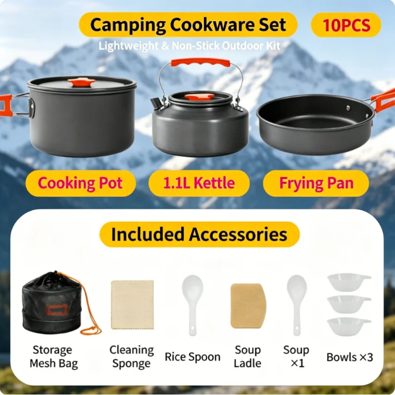 10-teiliges Aluminium-Camping-Kochgeschirr-Set mit Aufbewahrungstasche, ultraleichter tragbarer Topf und Kessel für Outdoor-Wanderungen, Backpacking und Picknick Image