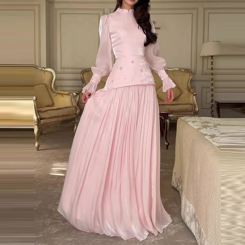 Elegantes Glitzer-Abendkleid im französischen Stil, Rosa Plissee-Chiffon Prinzessinnenkleid, Elegantes Patchwork-Kleid mit Hoher Taille für Damen, Bankett-Kleid