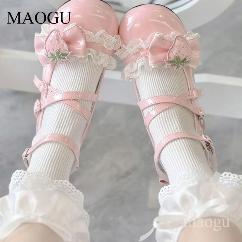 Damen Sweet Lolita Mary Janes Schuhe mit Erdbeer-Schleife und Spitze, klobiger Blockabsatz, Kawaii-Kleiderschuhe, Größe 35-40, Lolita-Schuhe