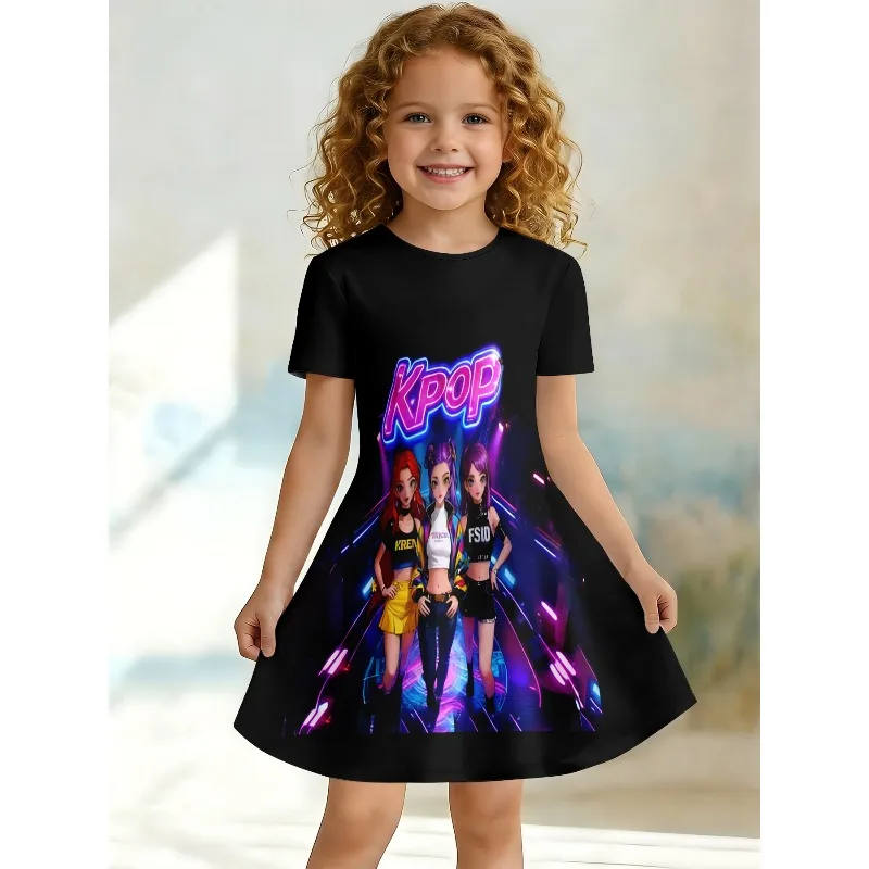 Mädchen K-POP Idol-Gruppe Bedrucktes T-Shirt-Kleid, K-POP Fan Kinder-Freizeitkleid in Schwarz und Neon, Geeignet für Geburtstagsgeschenke