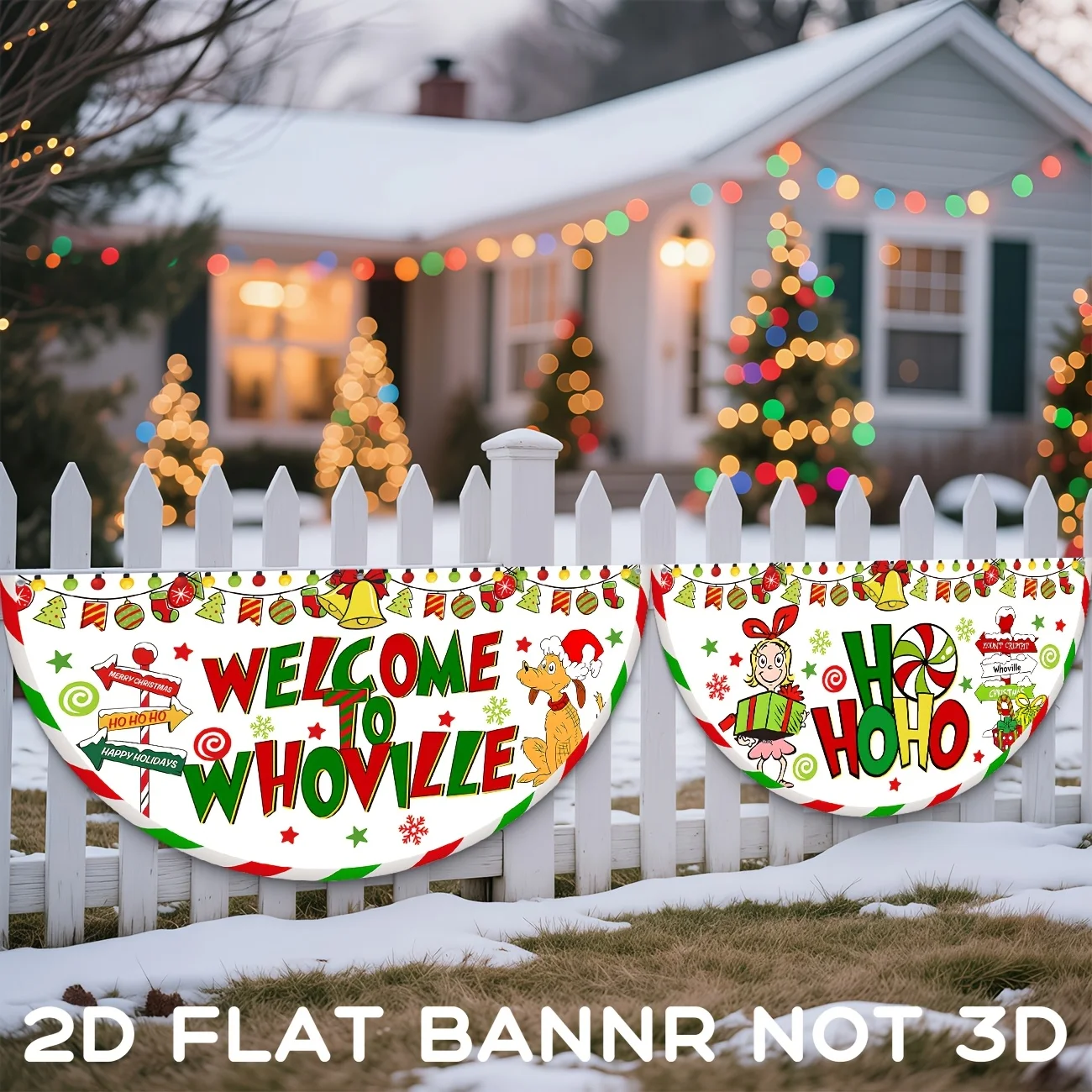 Whoville Partydekoration Willkommen bei Bunting Fan Flag Banner Rot Grün HoHoHo Marry Christmas Half Fan Hängende Faltenflagge Image
