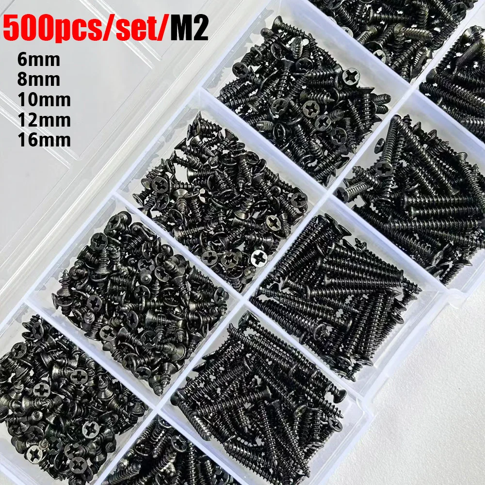 500 Stück schwarze, hochfeste selbstschneidende M2-Schrauben, erhältlich in 6 mm, 8 mm, 10 mm, 12 mm, 16 mm, geeignet für Holz und weiche Metallwerkstoffe Image
