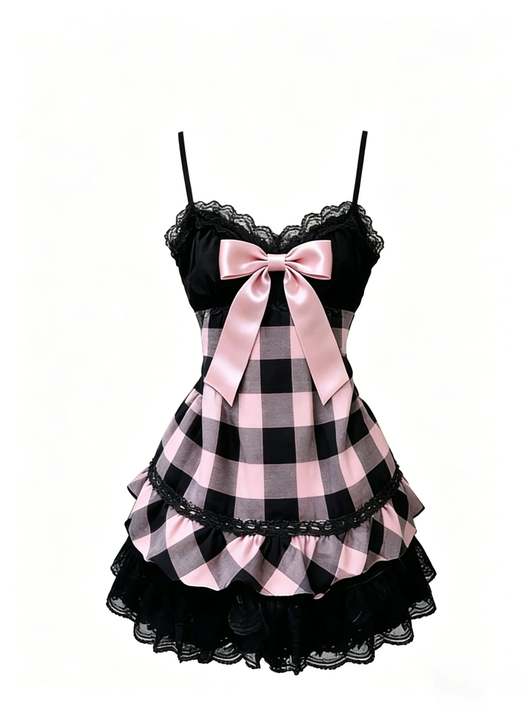 Modisches Vintage-Streetwear-Kleid im schwarz-rosa karierten Stil mit Schleife, ärmellos, figurbetont, Neckholder, Sommer, Retro, Y2K, kurzer Rock