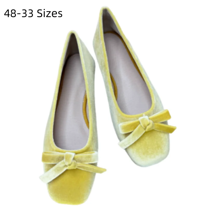 Damen-Flats mit gelbem Flanellknoten, quadratische Spitze, niedliche Schuhe, 2026, Neuheiten, Blau, Rosa, Wein, Slip-On für breite und schmale Füße, Größe 48 44 33