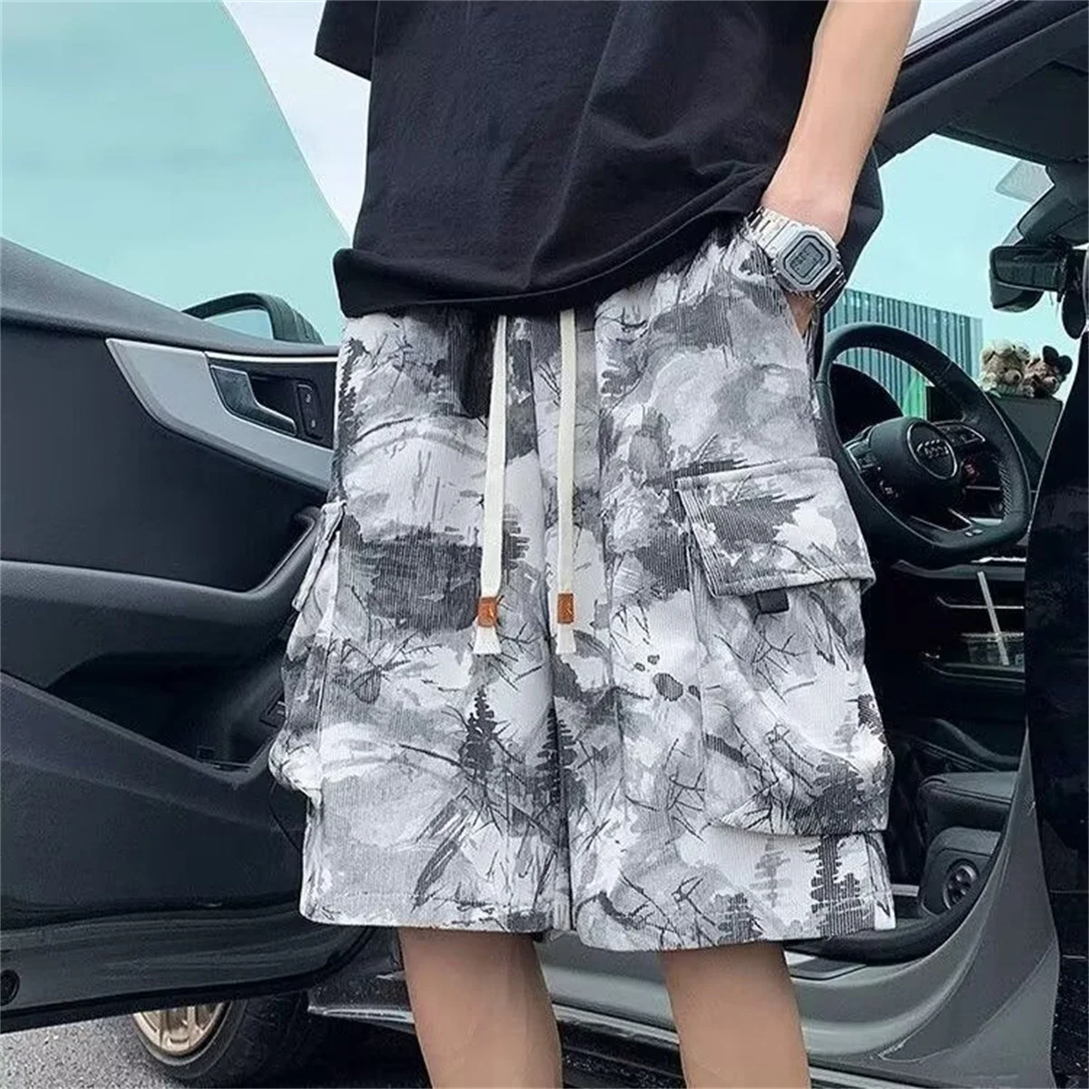 Amerikanische graue Workwear-Shorts für Herren – Sommerliche High-Waist Hip-Hop-Hose mit lässigem Tie-Dye und großen Taschen – Five Quarter Horse Pants
