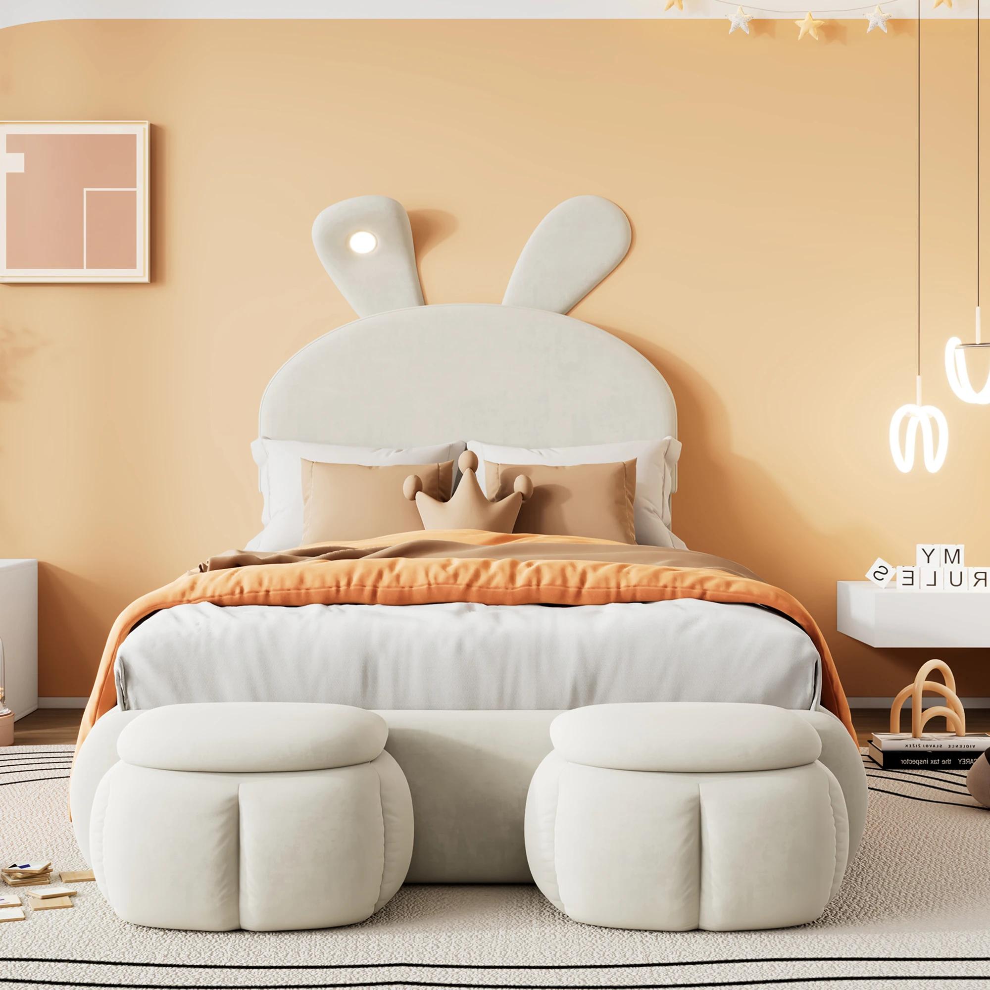 Kinderbett 90×200 cm, Einzelbett - mit verstellbarer LED-Beleuchtung und 2 Stauraum-Ottomanen - ohne Matratze - in Beige Samt