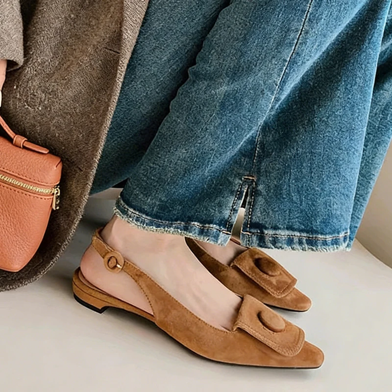 Summer Women Suede Faux Leather Sexy Pointed Toe Low Heels Button Design Slingback Sandals Shoes Lady Office Party Evening Shoes