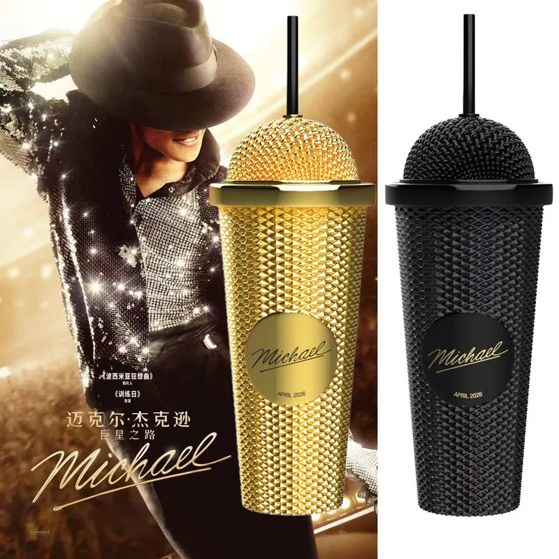 Michael Jackson Original Film-Sammlerstück Tumbler-Set Mikrofonförmiger Becher Popcorn-Eimer Offizielles Merchandise für Sammler