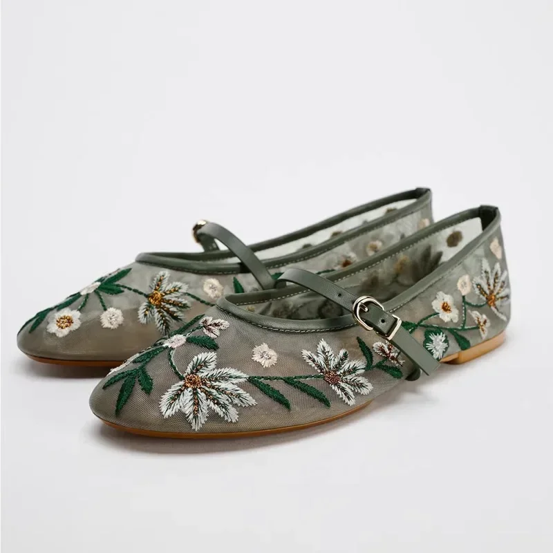 2025, Frühling, hochwertige, lässige Mesh-Damen-Wohnungen, Schnallendekoration, große Mary Jane-Schuhe, Damenschuhe
