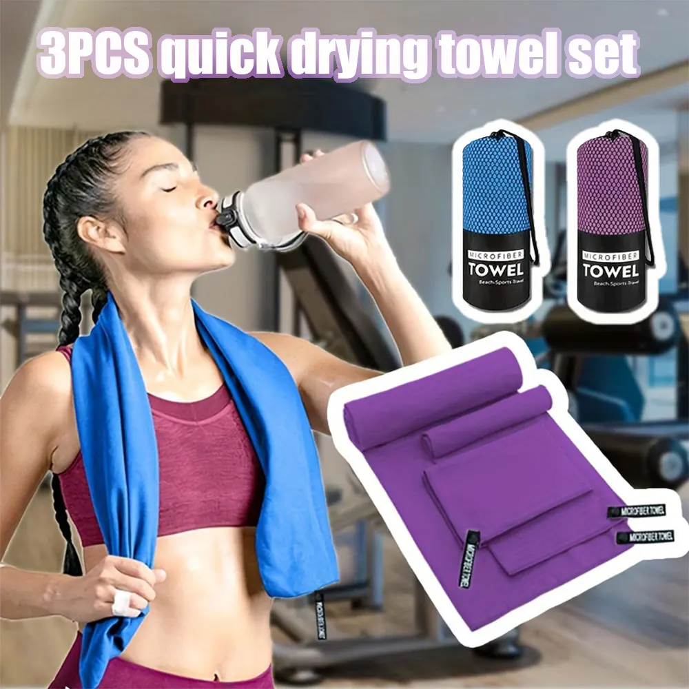 3 Pack Quick Dry Sports Towel – Set of 3 Microfiber Fast Drying Lightweight Towel with Cylinder Mesh Bag for Gym Workout Fitness