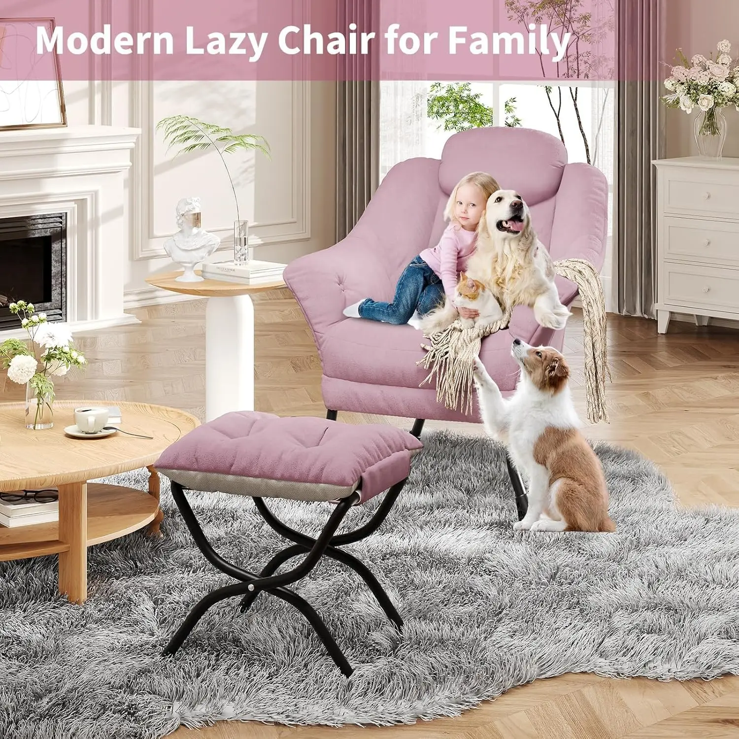 Ergonomischer Lounge-Lesestuhl mit klappbarem Hocker: Komfortabler Relax-Sessel mit abnehmbarem, waschbarem Bezug und Armlehnen, platzsparende Freizeitliege für Wohnzimmer, Schlafzimmer und kleine