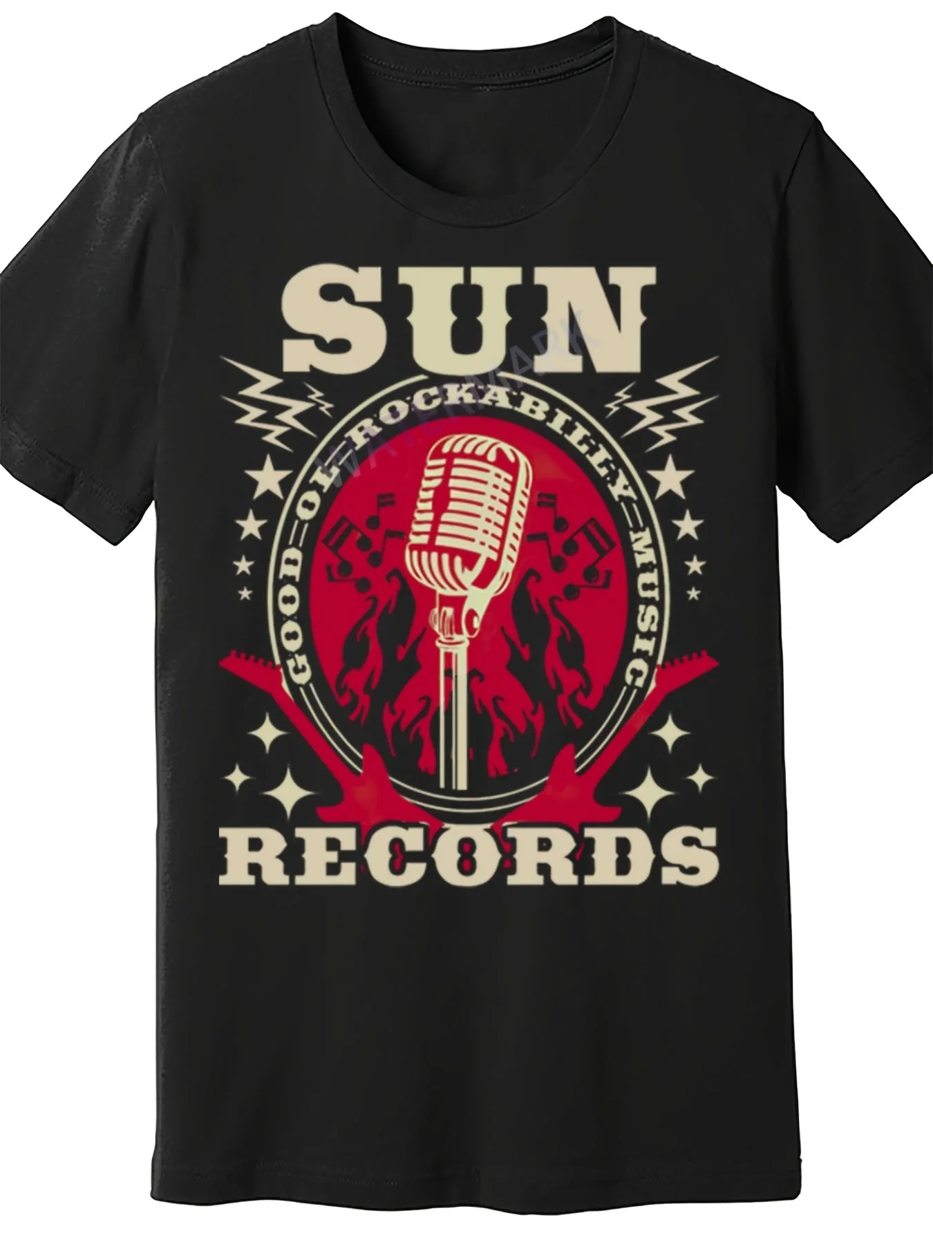 Rockabilly Rocker Records Vintage Rock 'n' Roll T-Shirt Retro Musikband-T-Shirt mit Mikrofon-Grafik, nicht dehnbar, lässiges Konzert-Shirt