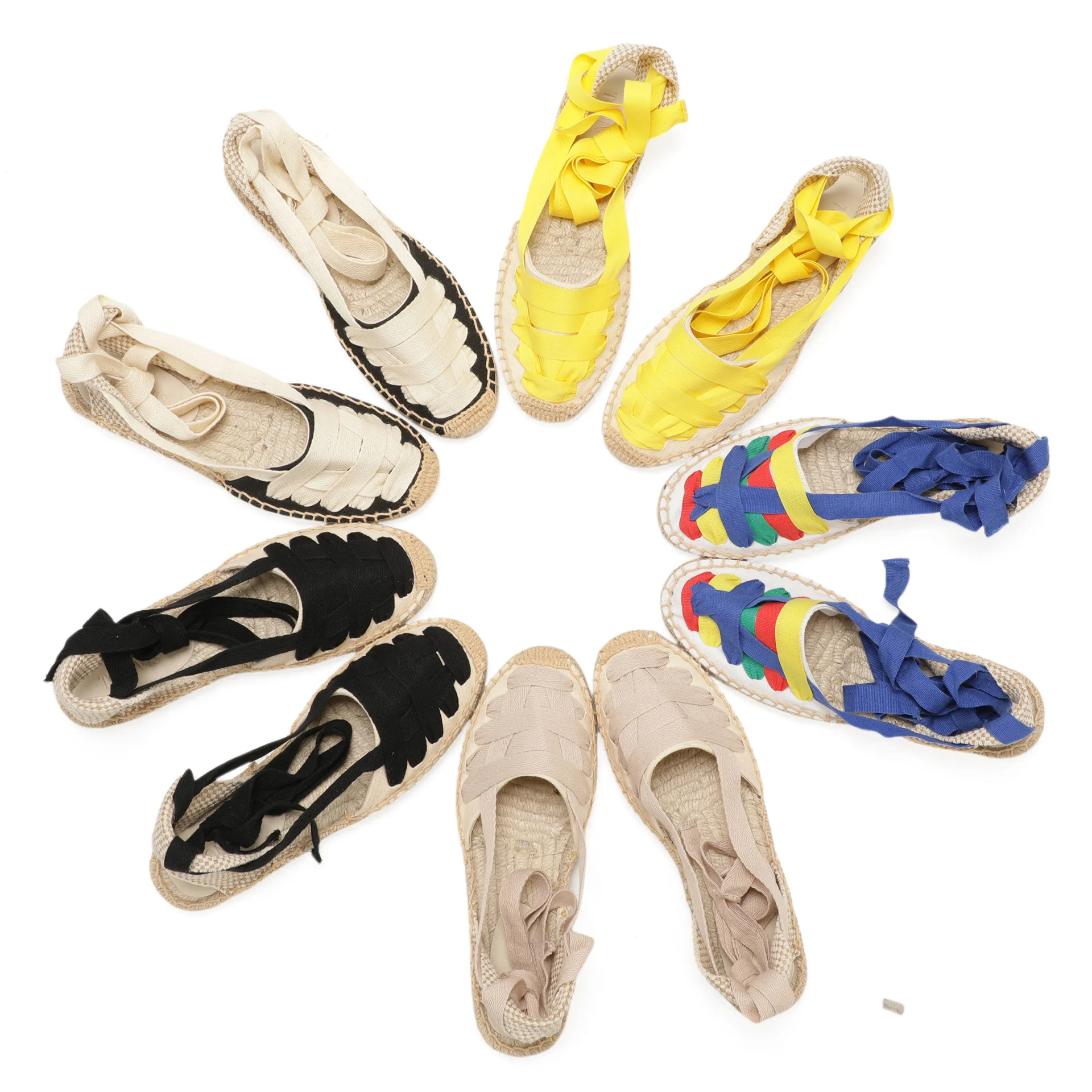Damen-Espadrille-Sandalen zum Schnüren, flache Schuhe, Sommer, atmungsaktive Freizeitschuhe aus Leinen Image