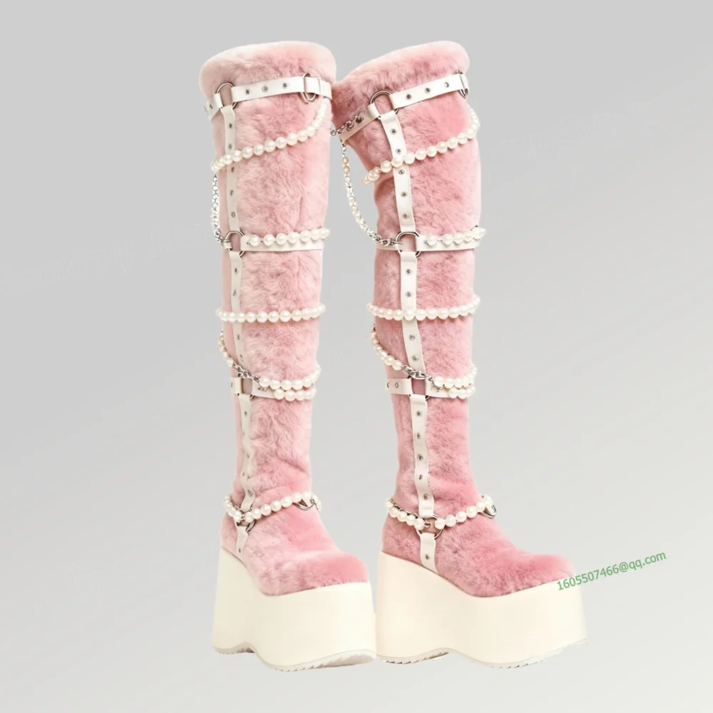 Rosa Perle Dekor Pelz Stiefel Keile High Heels Runde Kappe High Heel Schuhe für Frauen High Heel Mode 2025, Neue Zapatillas Mujer