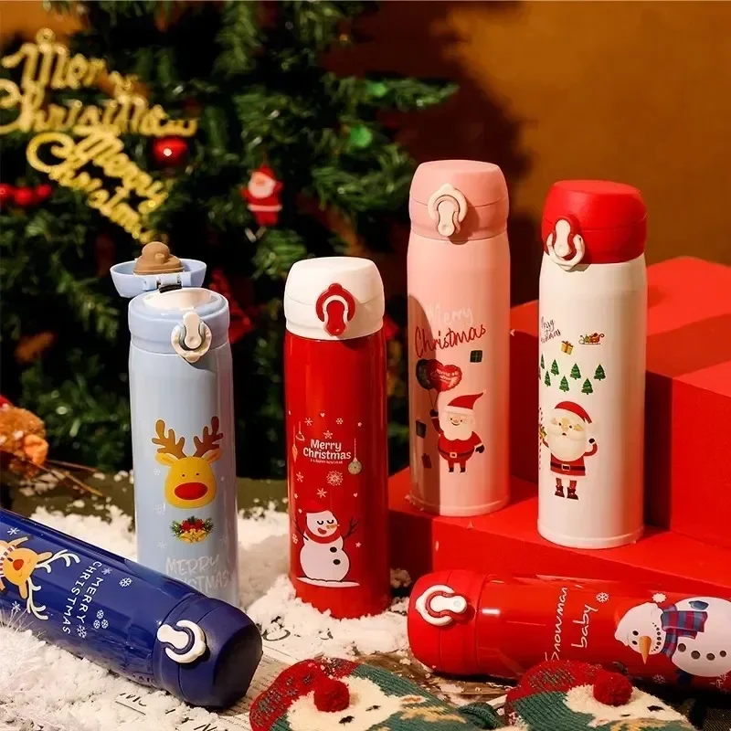 Weihnachts-Thermosbecher aus Edelstahl, vakuumisoliert, Wasserflasche mit Deckel, Elch, Weihnachtsmann-Design, Weihnachtsgeschenk für die Urlaubssaison Image