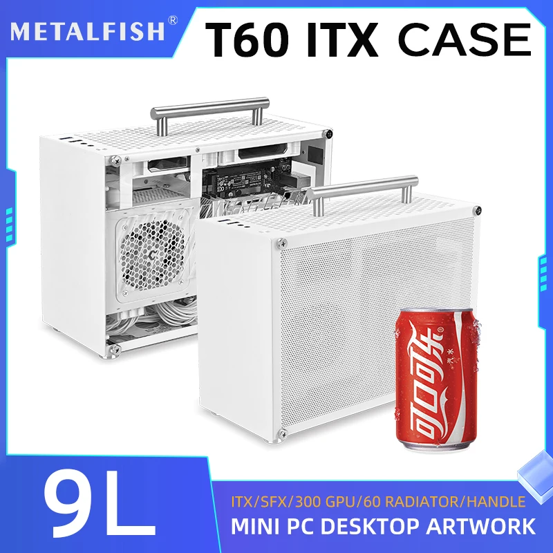 METALFISH T60 Mini ITX weißes Gehäuse 9L mit Acryl- oder Mesh-Seitenplatte und tragbarem Griff, unterstützt SFX-Netzteil/300 mm GPU/2 x 120 mm Lüfter Image