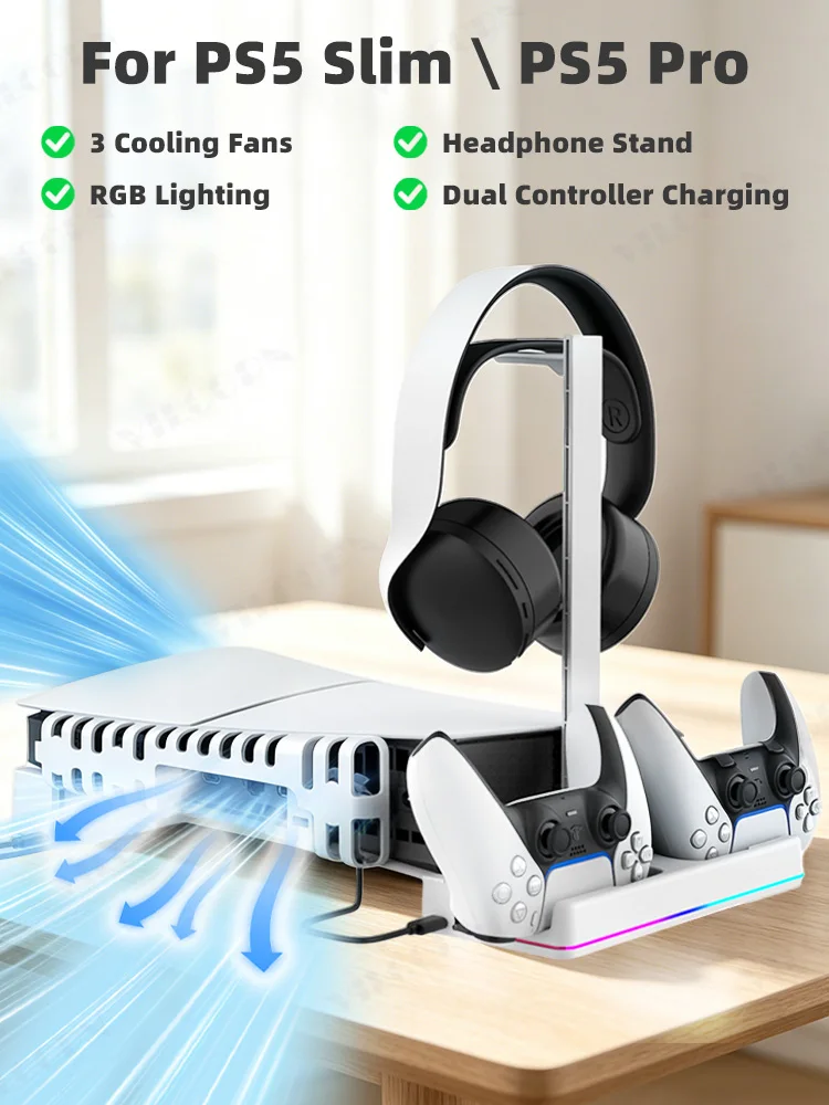 All-in-One Horizontaler Ständer für PS5 Slim / PS5 Pro, RGB-Kühlstation mit Dual-Controller-Ladestation, Gaming-Schreibtisch-Organizer Image