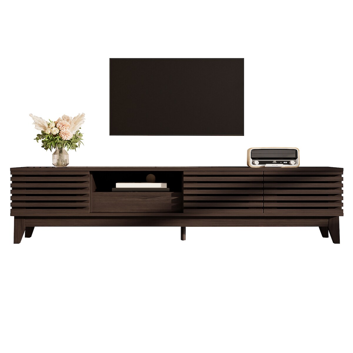 OKWISH TV Lowboard 170x35x40 cm mit 3 Türen und Schublade, Kabeldurchführungen und offenen Fächern, Vintage Holzoptik Natur Image