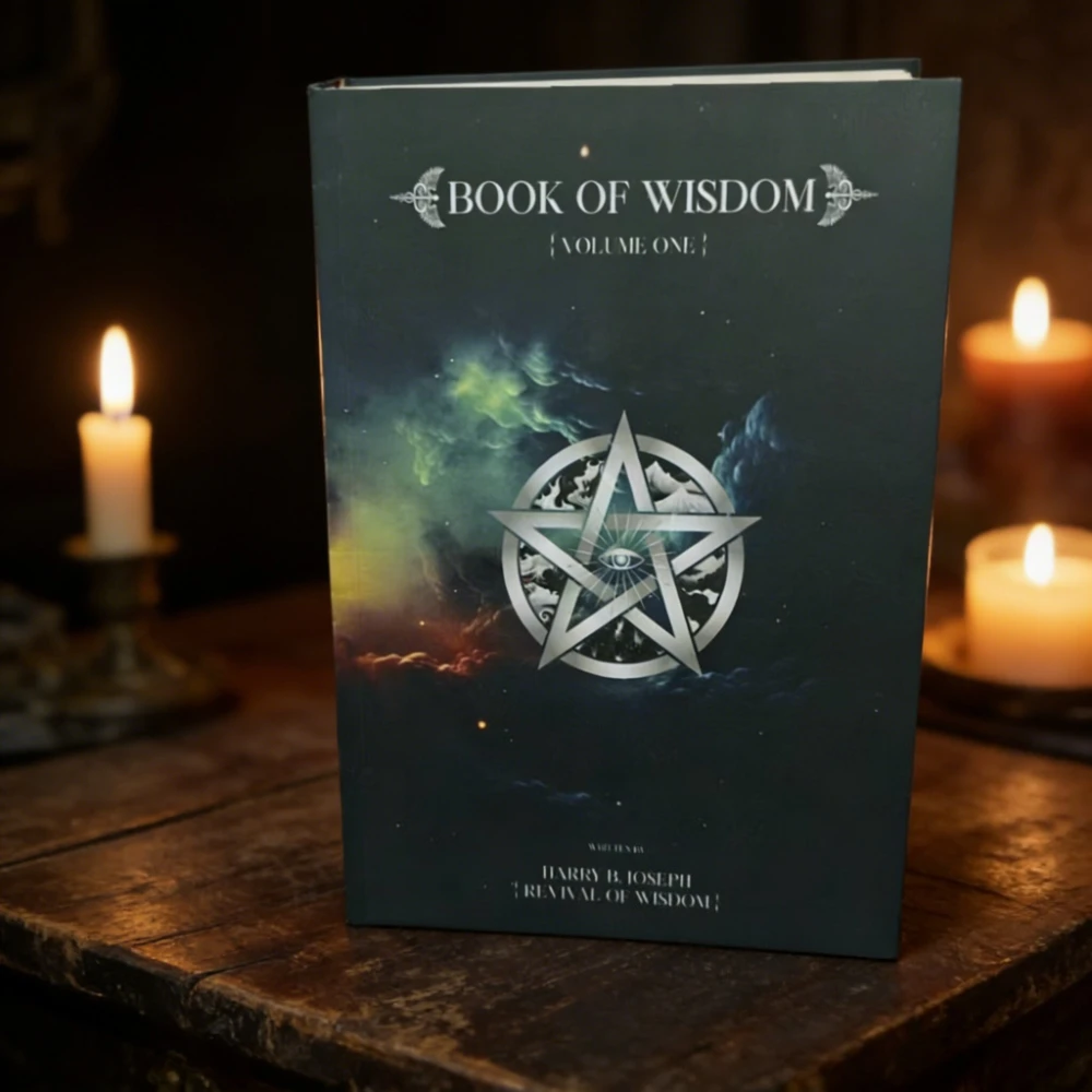 Das Buch der Weisheit: Ein Buch mit dem Pentagramm-Symbol als visuellem Kern, das sich auf spirituelles Erwachen und die Wiederbelebung der Weisheit konzentriert.