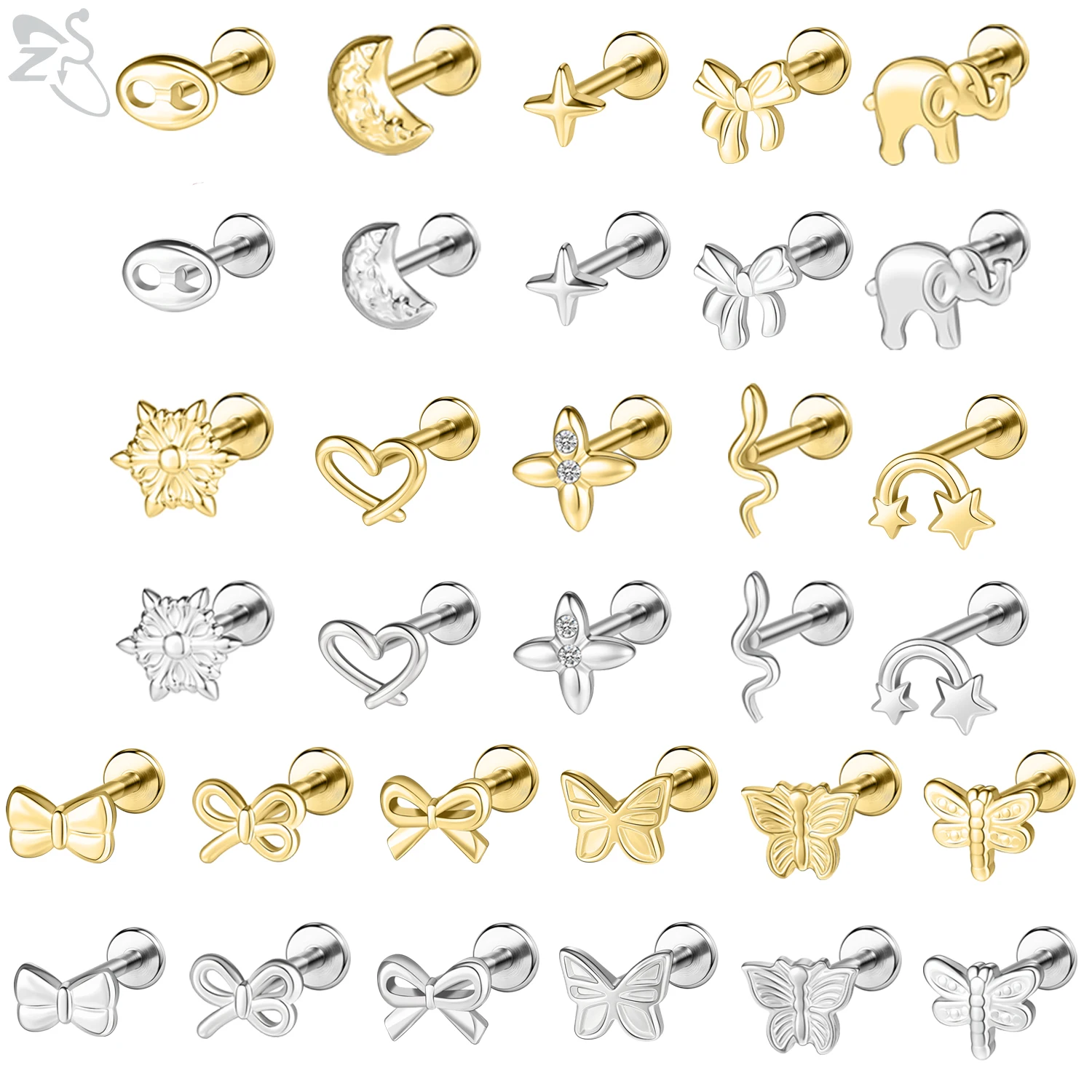 ZS 1PC 16G/18G 316L Edelstahl Lippenring Sonnenblume Elefant Labret Piercing Goldfarbe Ohrstecker 6mm/8mm Knorpelohrring Image