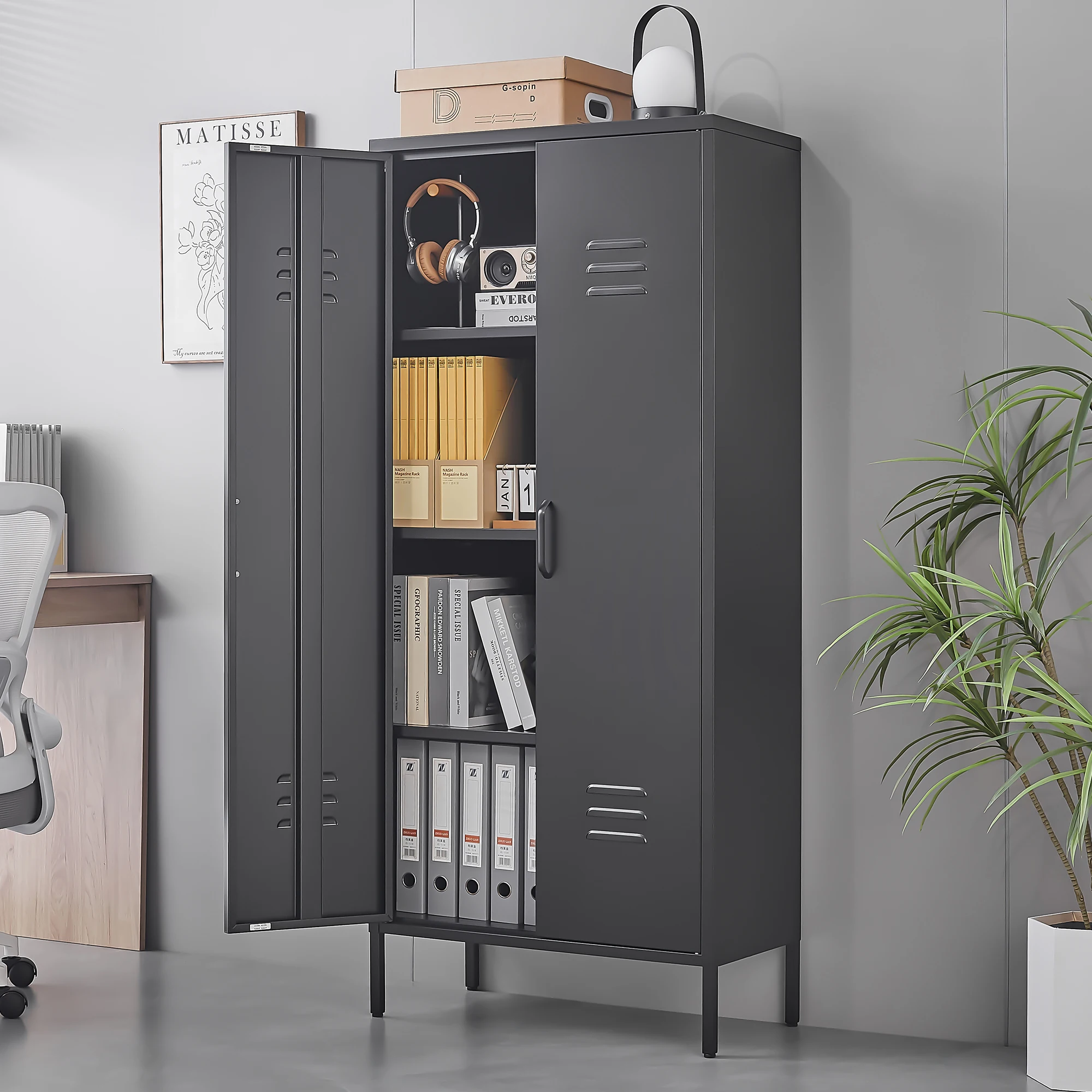 Vitrinenschrank, hoher Metallschrank, schwarzer Mehrzweck-Organizer mit 2 Türen und verstellbaren Einlegeböden, multifunktionale Einheit für Zuhause, Büro, Schlafzimmer, Garage, Abstellraum, Keller