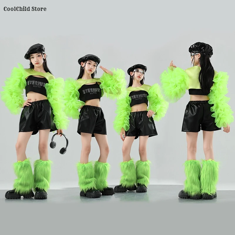 Mädchen Grün Puff Sleeve Crop Top Street Dance Pu Shorts Kinder Hip Hop Jazz Kleidung Sets Kind Streetwear K-pop mädchen Gruppe Kostüm