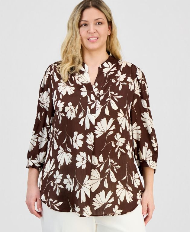 Plus Size Split-neck 3/4-sleeve Top - Brown - Anne Klein Tops