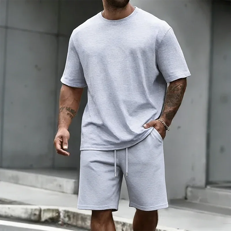 Herren-Set, T-Shirt mit O-Ausschnitt und Sportshorts, Sommer, Alltag, Freizeit, Mode, Sportbekleidung, für Herren, Zuhause, Outdoor, Komfort, kurzärmeliges Outfit Image