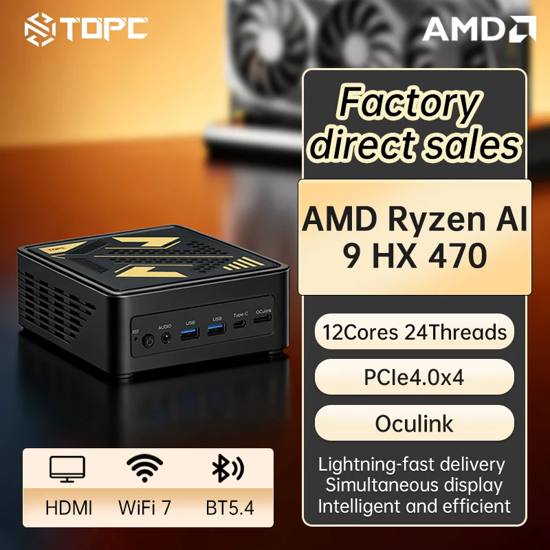 TOPC AMD Ryzen AI 9 HX 470 Mini PC DDR5 USB4 OCuLink 8K Triple Display Gaming Desktop Computer WiFi 6E BT5.3 AI PC