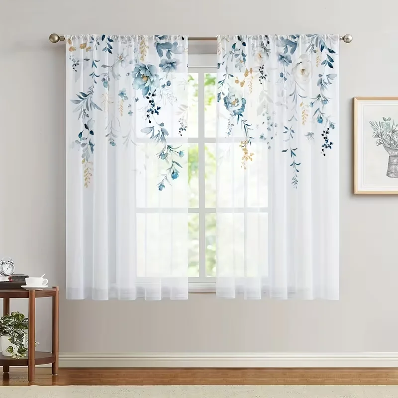 2 Stück Indigo & Gold Aquarell Blumenranken Transparente Vorhänge - Elegante Botanische Fenstergardinen für Küche & Wohnzimmer Image