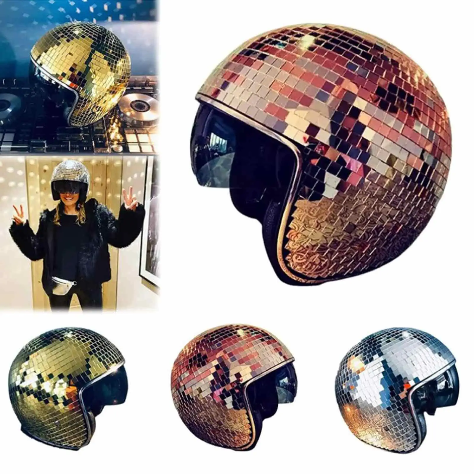 Disco-Kugelhelme, Disco-Deko-Helme mit einziehbarem Visier, klassische Disco-Spiegel-Glitzer-Kugelhelme für Männer und Frauen Image